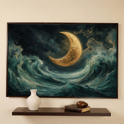 Crescent Moon and Ocean Waves Canvas in dark walnut floating frame