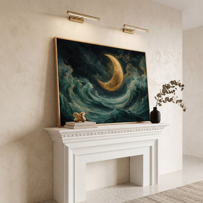 Crescent Moon and Ocean Waves Canvas in white oak floating frame