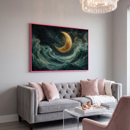 Crescent Moon and Ocean Waves Canvas in pink floating frame