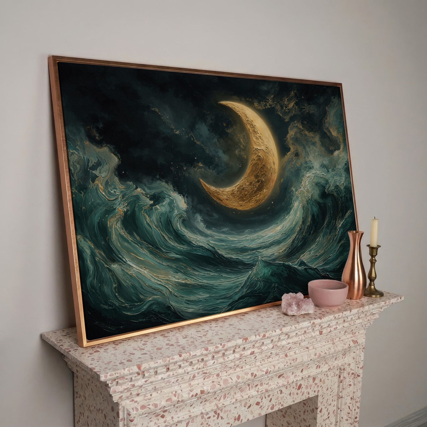 Crescent Moon and Ocean Waves Canvas in rose gold floating frame