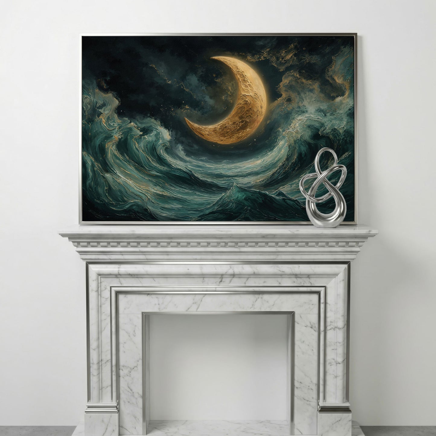 Crescent Moon and Ocean Waves Canvas in silver floating frame