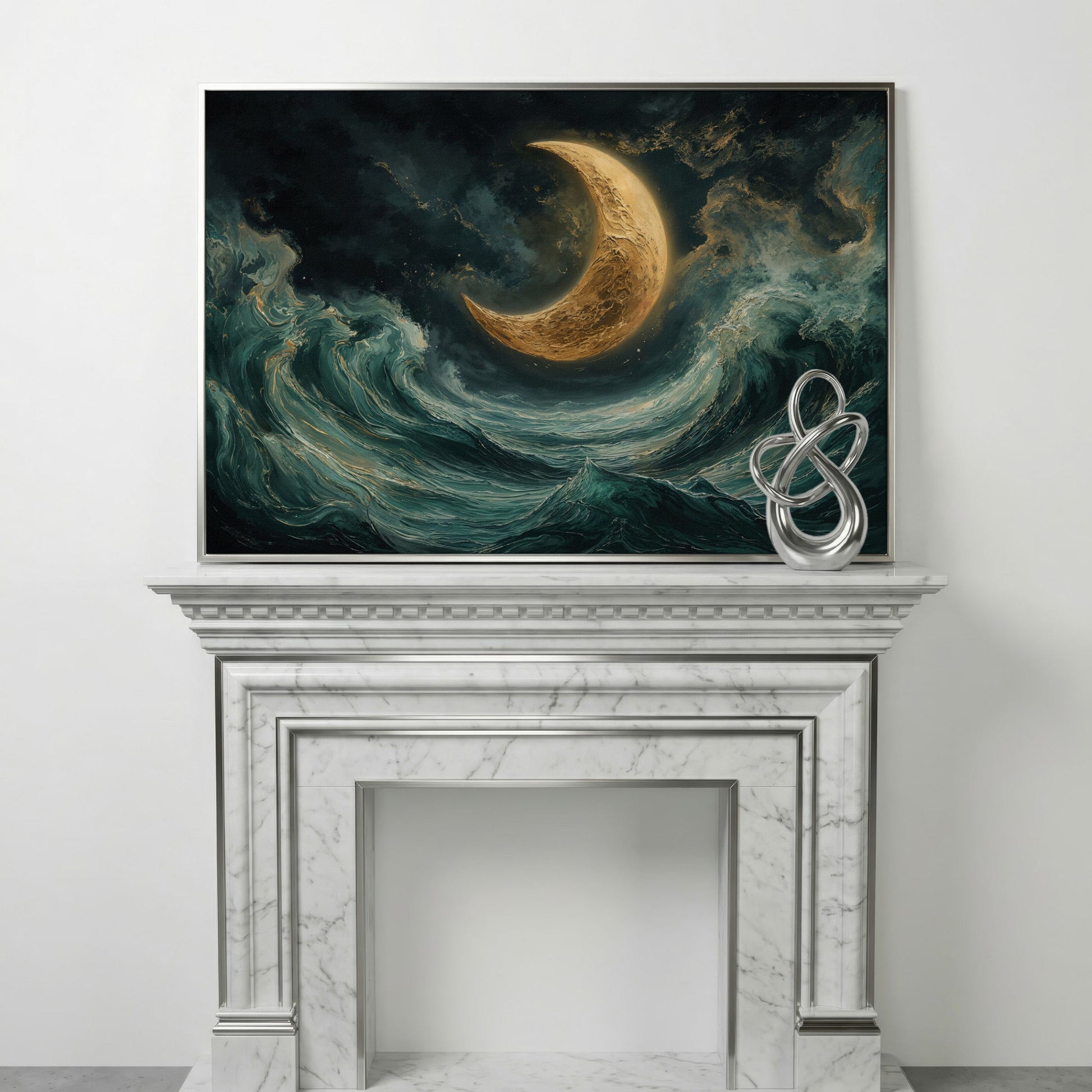 Crescent Moon and Ocean Waves Canvas in silver floating frame