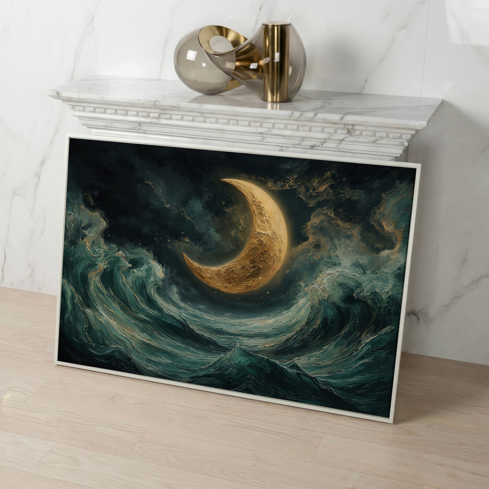 Crescent Moon and Ocean Waves Canvas in white floating frame