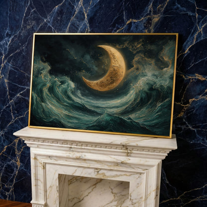 Crescent Moon and Ocean Waves Canvas in yellow gold floating frame