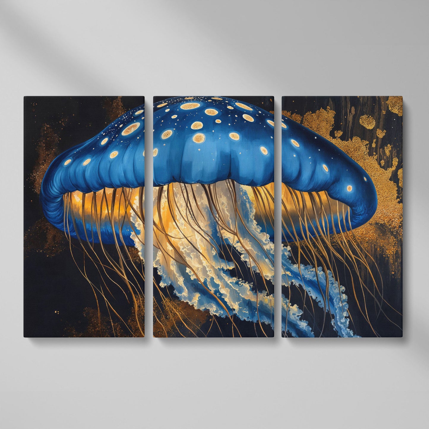 Blue Jellyfish Canvas Print Wall Art as 3-panel split version