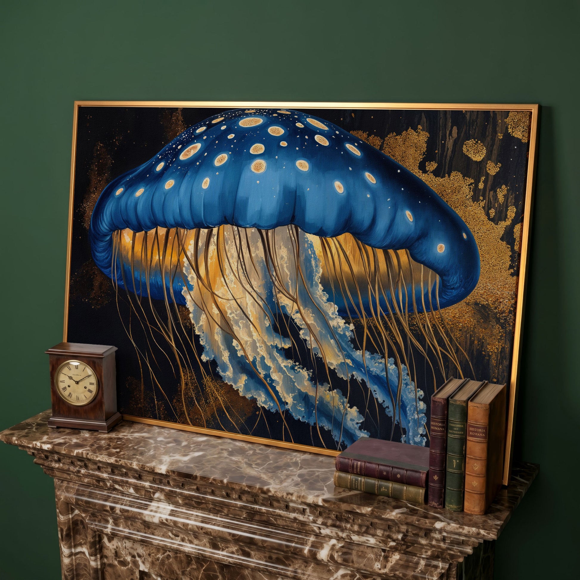 Blue Jellyfish Canvas Print Wall Art in antique gold floating frame