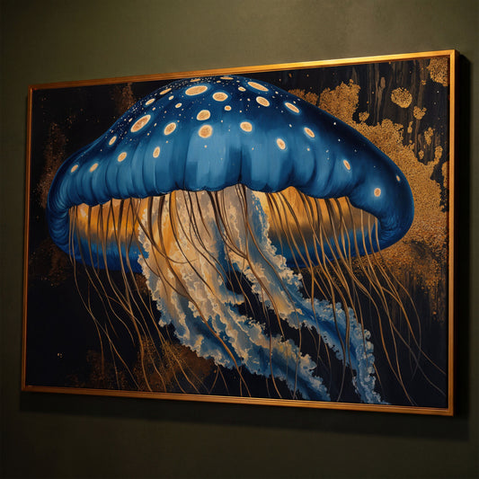 Blue Jellyfish Canvas Print Wall Art shown in antique gold floating frame