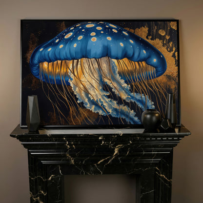 Blue Jellyfish Canvas Print Wall Art in black floating frame