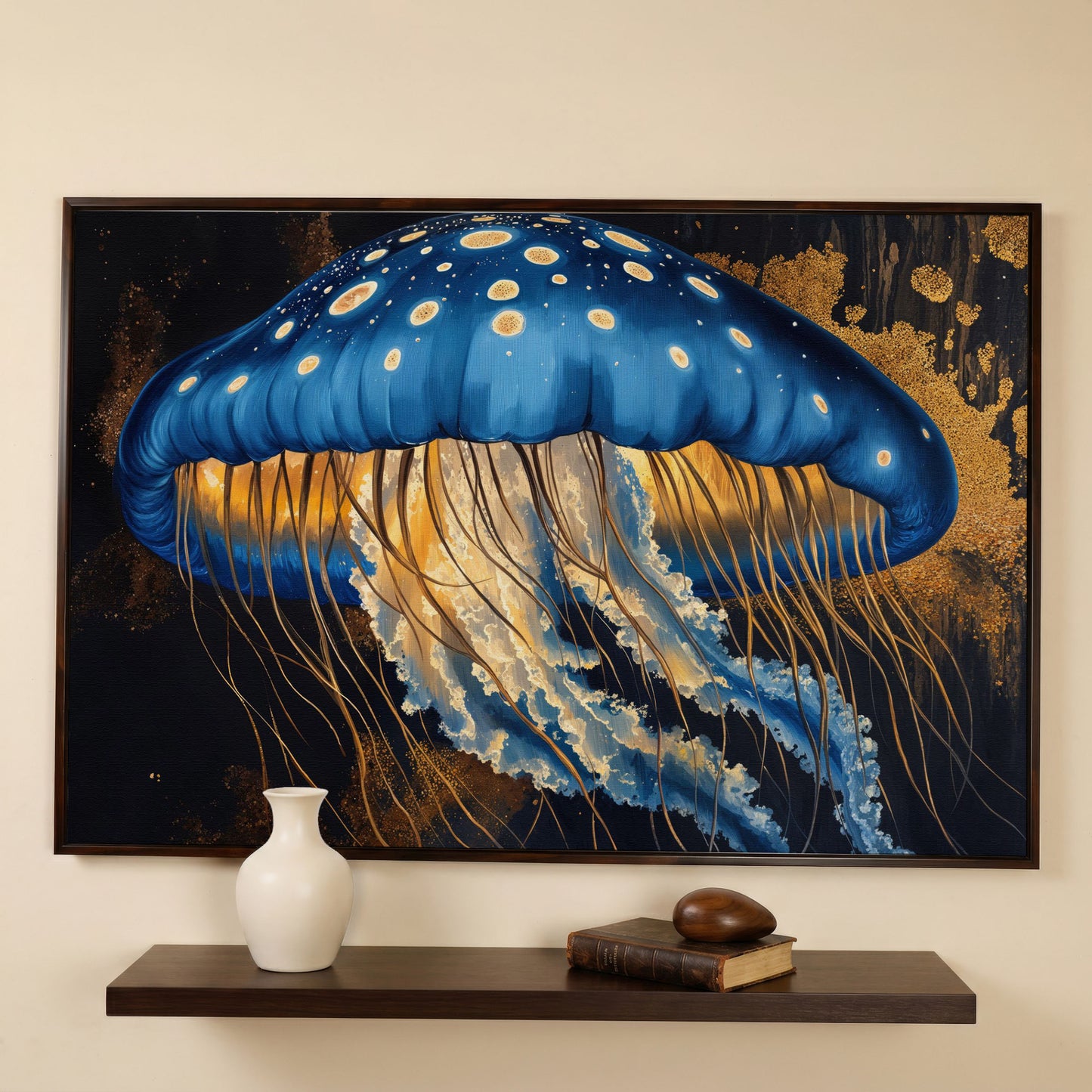 Blue Jellyfish Canvas Print Wall Art in dark walnut floating frame