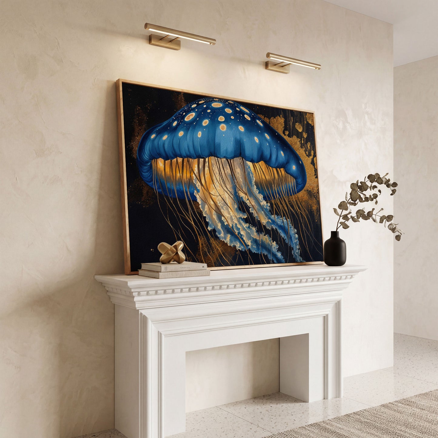 Blue Jellyfish Canvas Print Wall Art in white oak floating frame