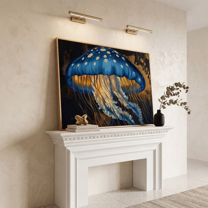 Blue Jellyfish Canvas Print Wall Art in white oak floating frame