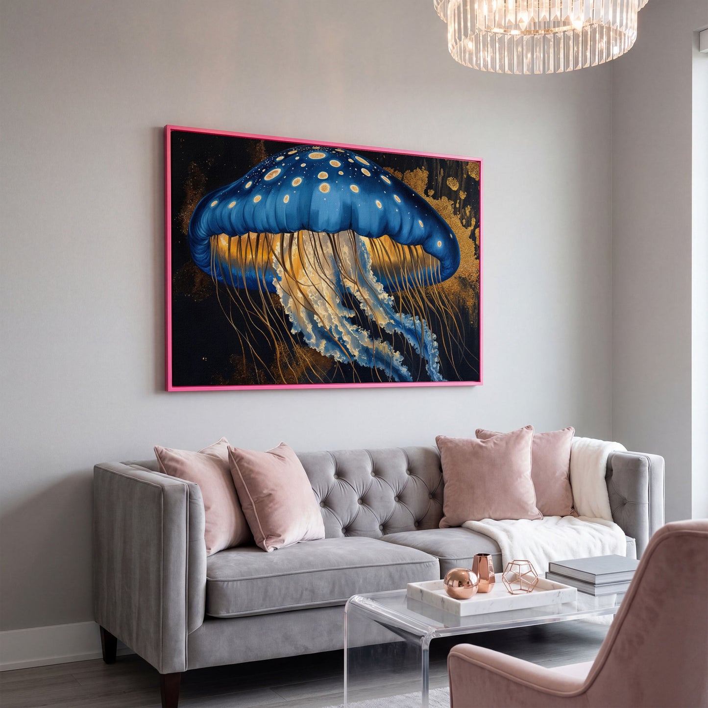 Blue Jellyfish Canvas Print Wall Art in pink floating frame