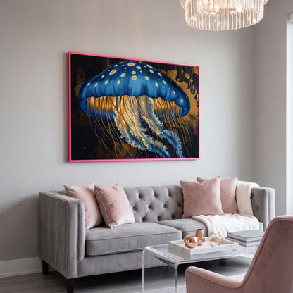 Blue Jellyfish Canvas Print Wall Art in pink floating frame