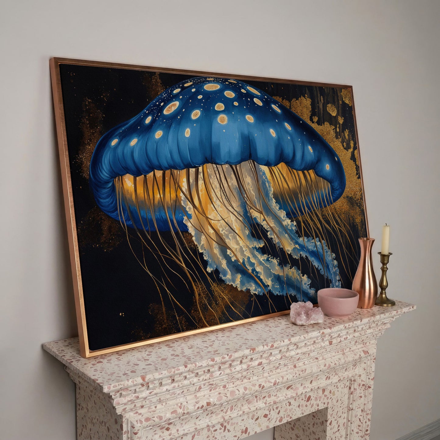 Blue Jellyfish Canvas Print Wall Art in rose gold floating frame