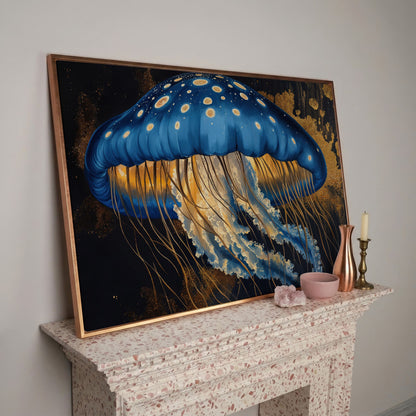 Blue Jellyfish Canvas Print Wall Art in rose gold floating frame