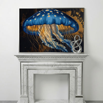 Blue Jellyfish Canvas Print Wall Art in silver floating frame