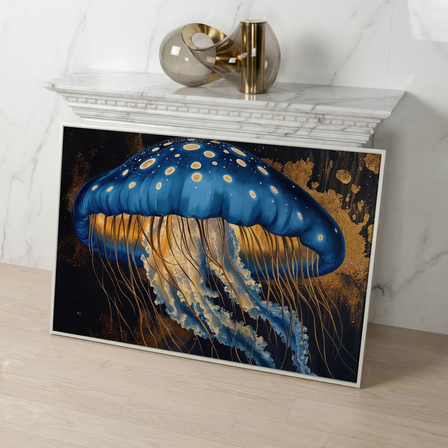 Blue Jellyfish Canvas Print Wall Art in white floating frame