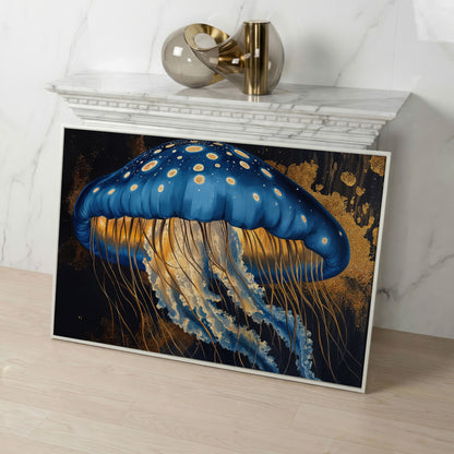 Blue Jellyfish Canvas Print Wall Art in white floating frame