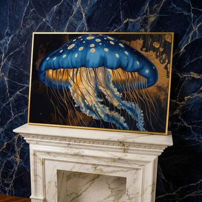 Blue Jellyfish Canvas Print Wall Art in yellow gold floating frame