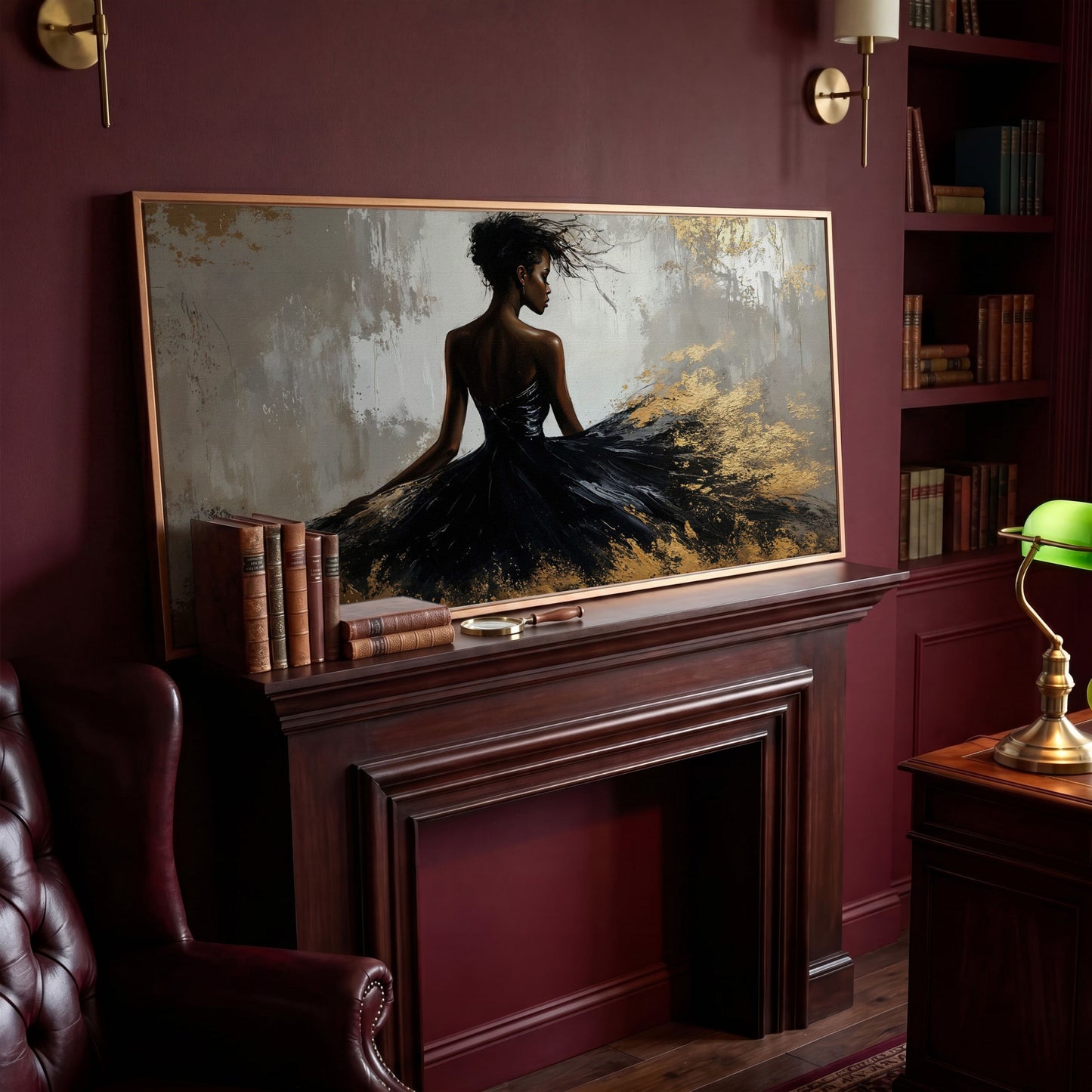 Woman in Black Dress Canvas Print in antique gold floating frame