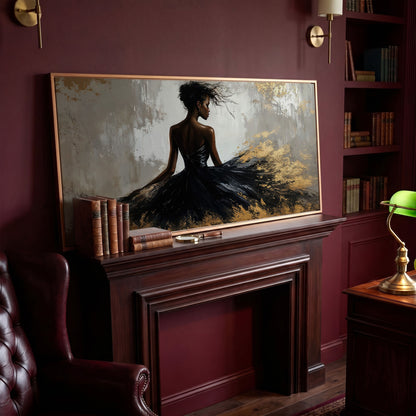 Woman in Black Dress Canvas Print in antique gold floating frame