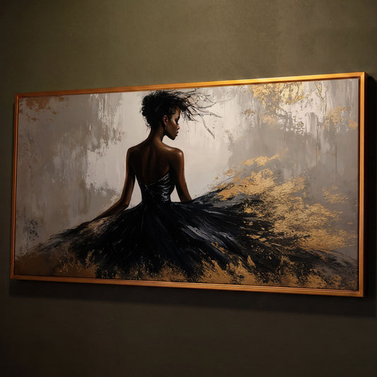 Woman in Black Dress Canvas Print shown in antique gold floating frame