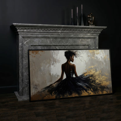 Woman in Black Dress Canvas Print in black floating frame