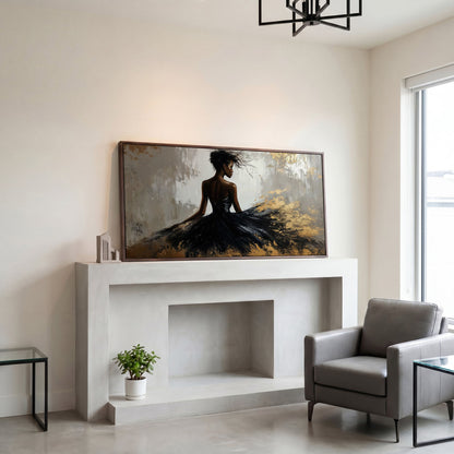 Woman in Black Dress Canvas Print in dark walnut floating frame