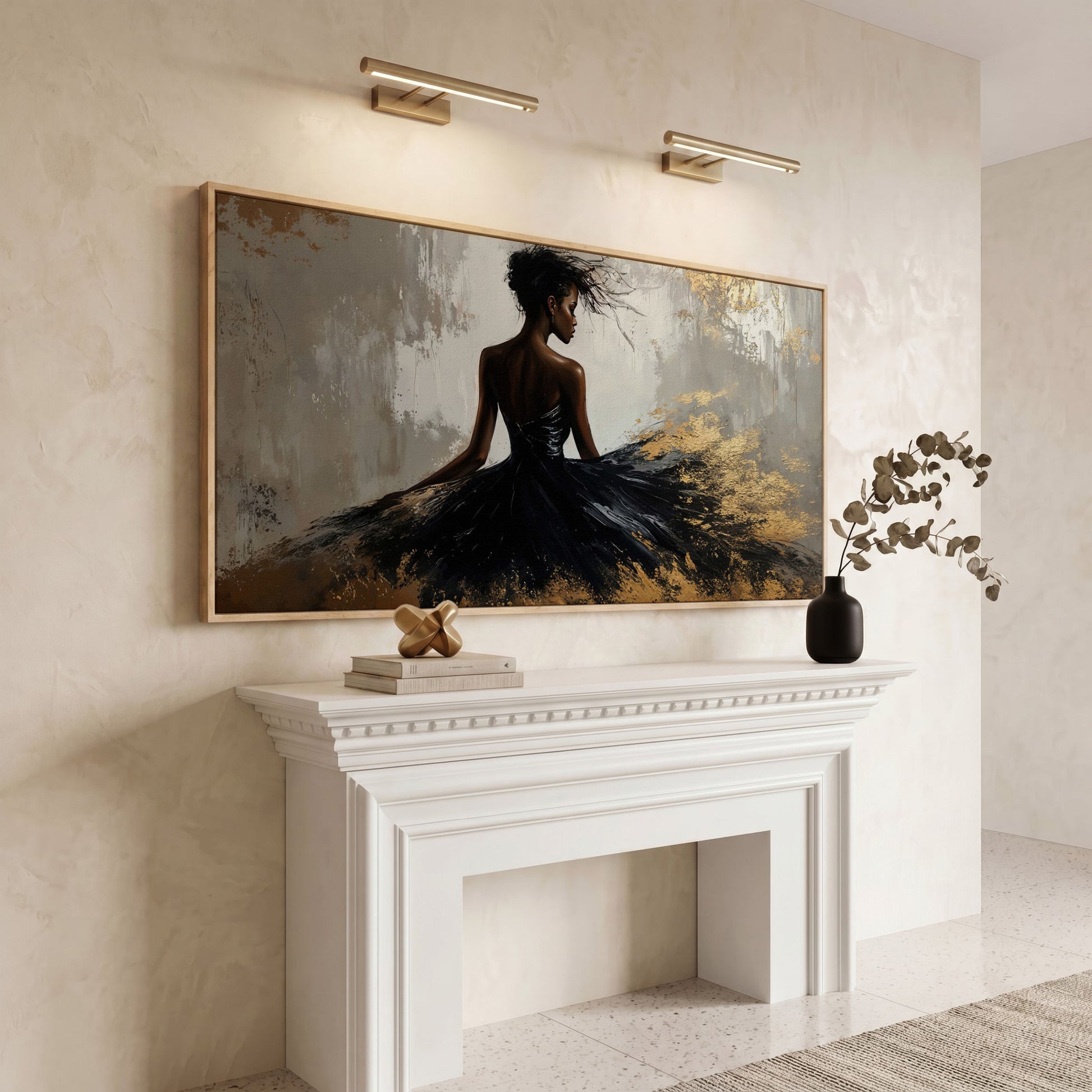 Woman in Black Dress Canvas Print in white oak floating frame