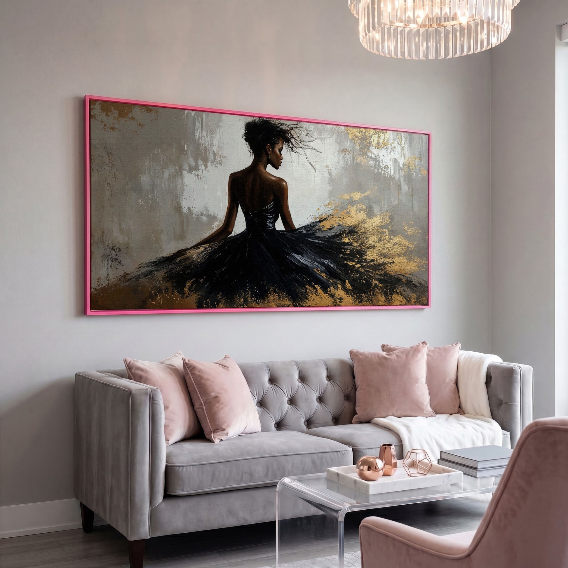 Woman in Black Dress Canvas Print in pink floating frame
