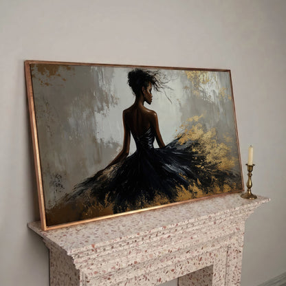 Woman in Black Dress Canvas Print in rose gold floating frame