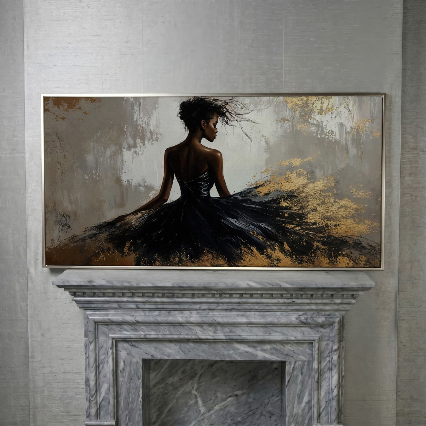 Woman in Black Dress Canvas Print in silver floating frame