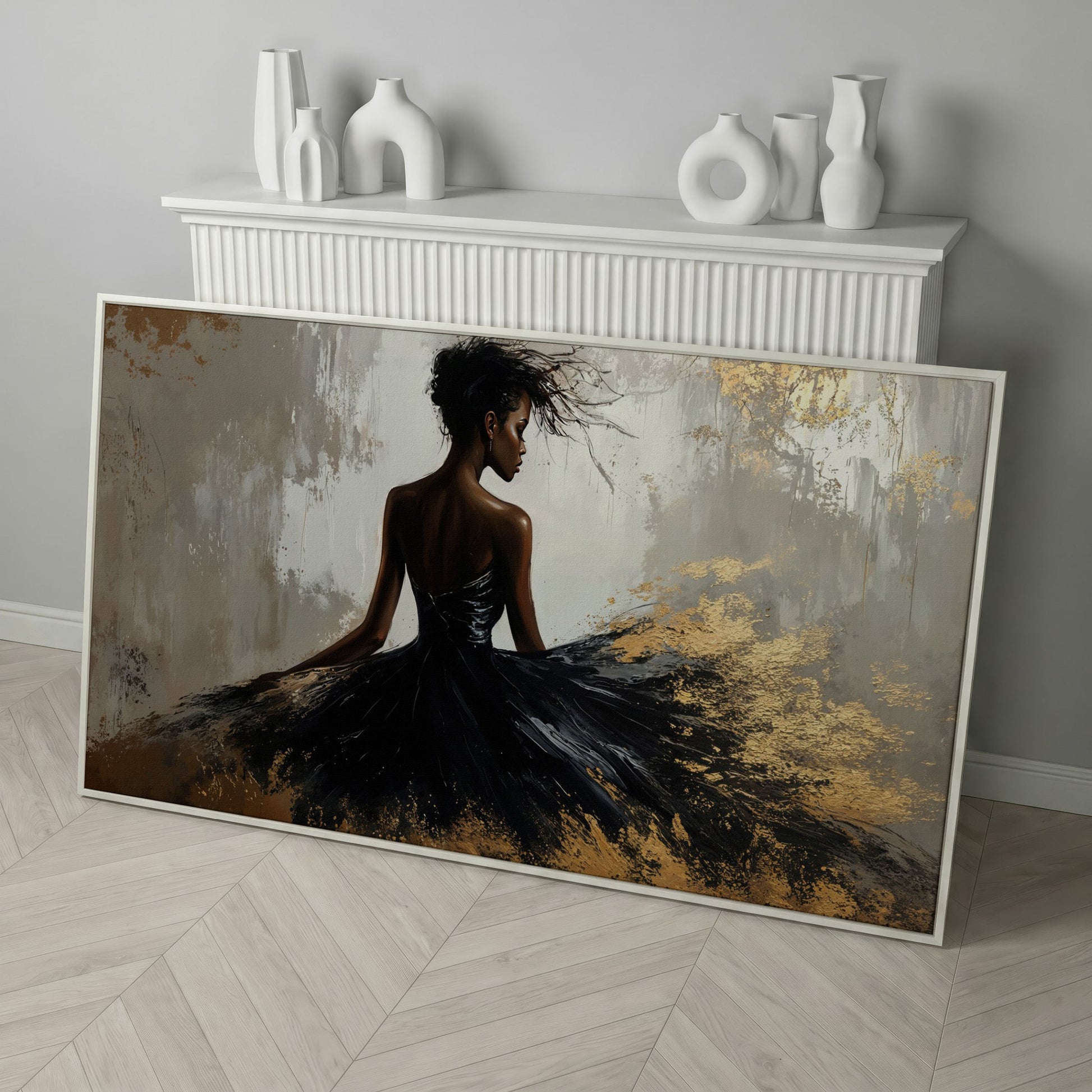 Woman in Black Dress Canvas Print in white floating frame