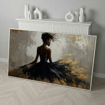 Woman in Black Dress Canvas Print in white floating frame