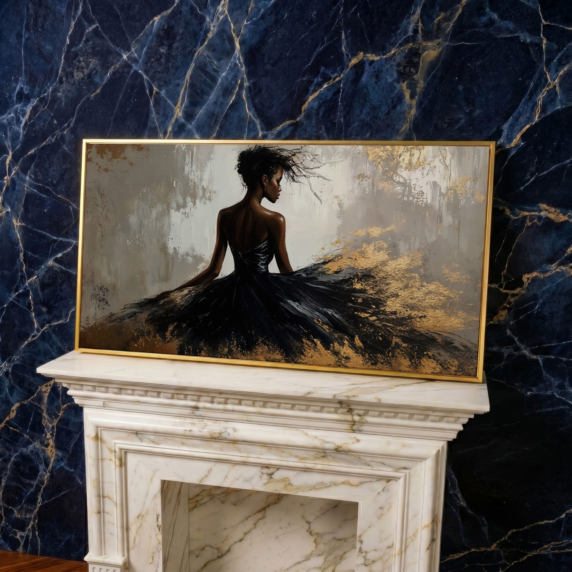 Woman in Black Dress Canvas Print in yellow gold floating frame