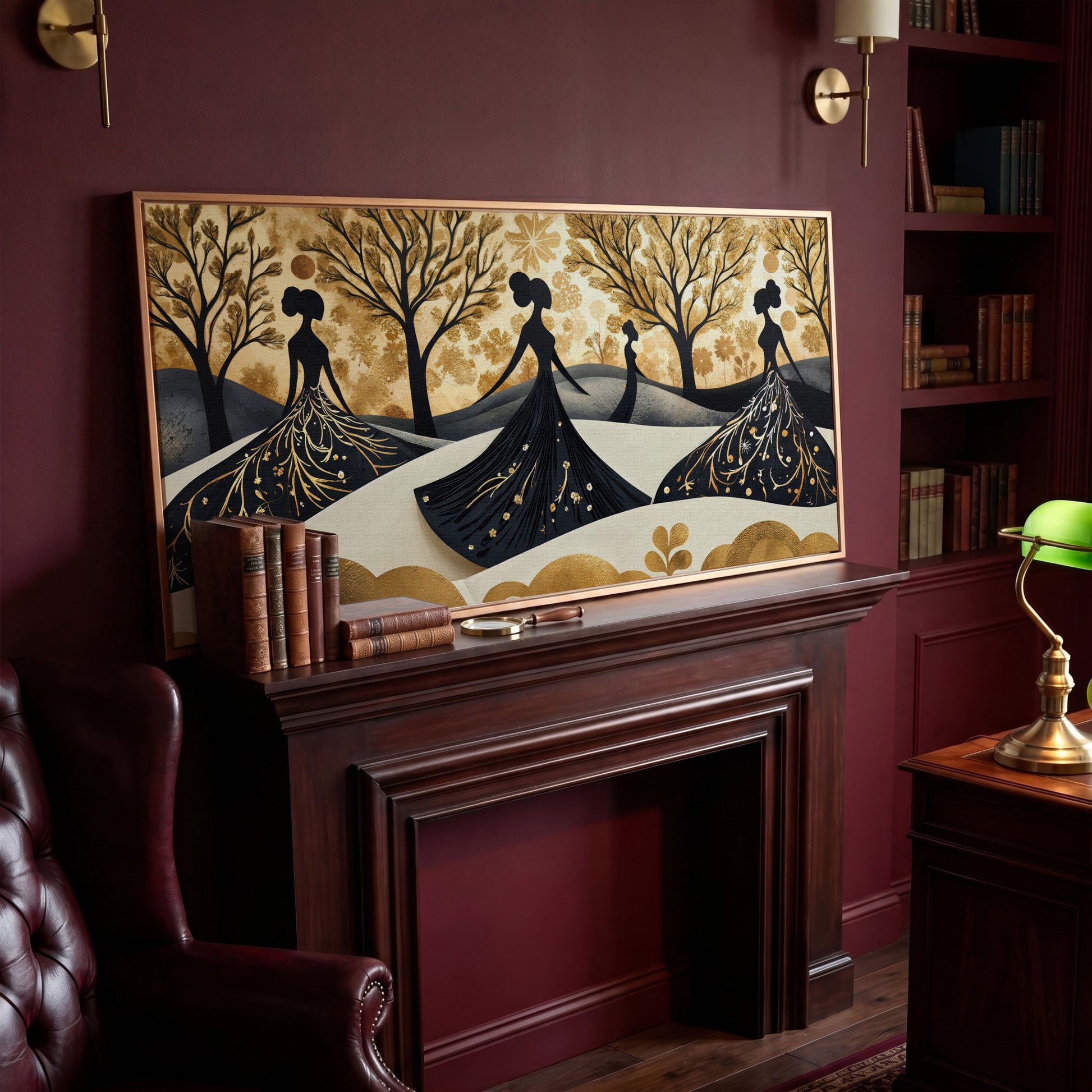 Fashion Silhouettes Canvas Print for Modern Walls in antique gold floating frame
