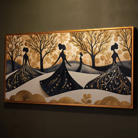 Fashion Silhouettes Canvas Print for Modern Walls shown in antique gold floating frame