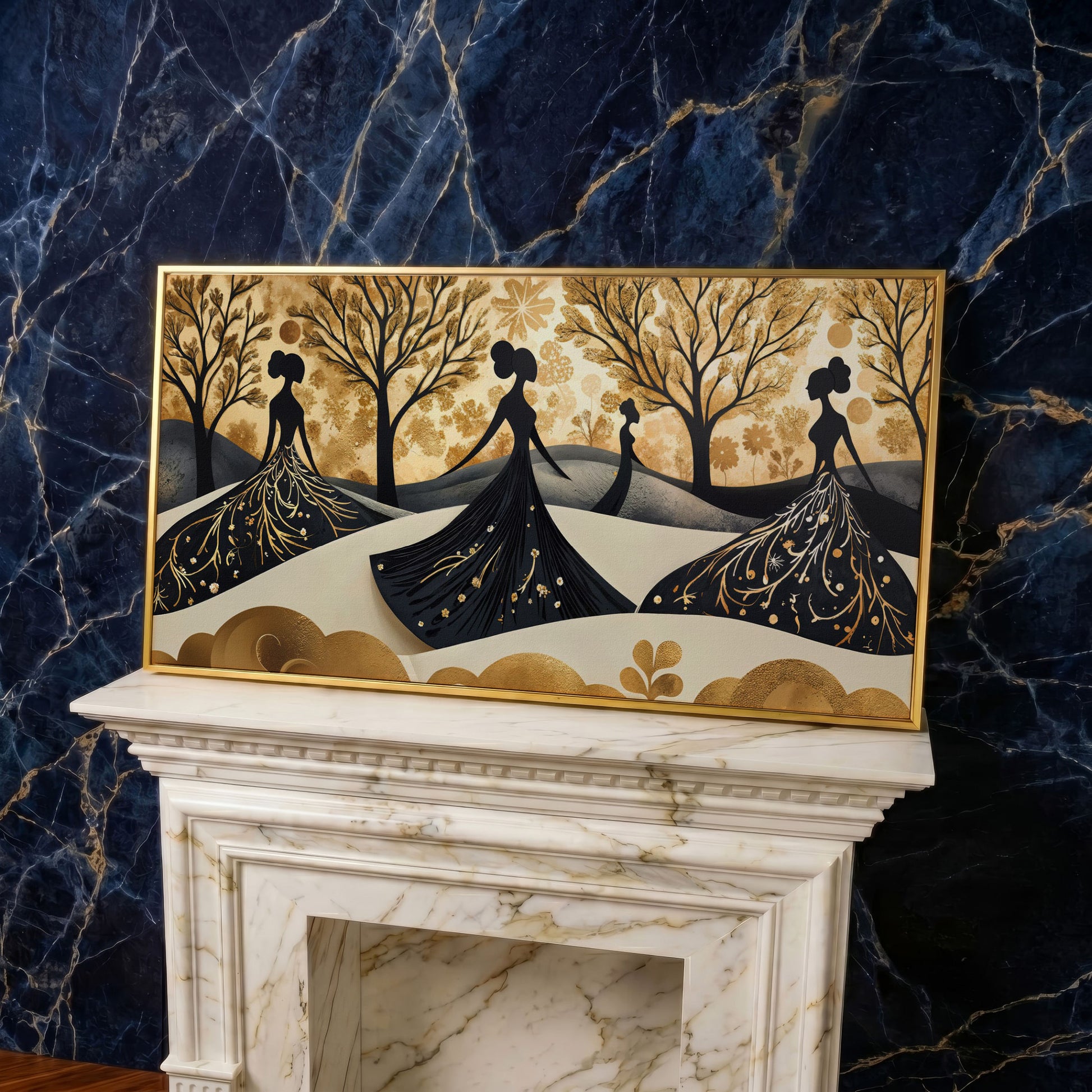 Fashion Silhouettes Canvas Print for Modern Walls in yellow gold floating frame
