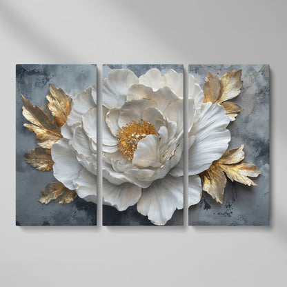 White Flower with Golden Leaves Canvas Print as 3-panel split version