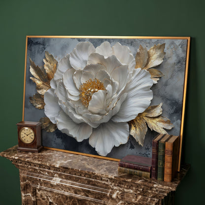 White Flower with Golden Leaves Canvas Print in antique gold floating frame