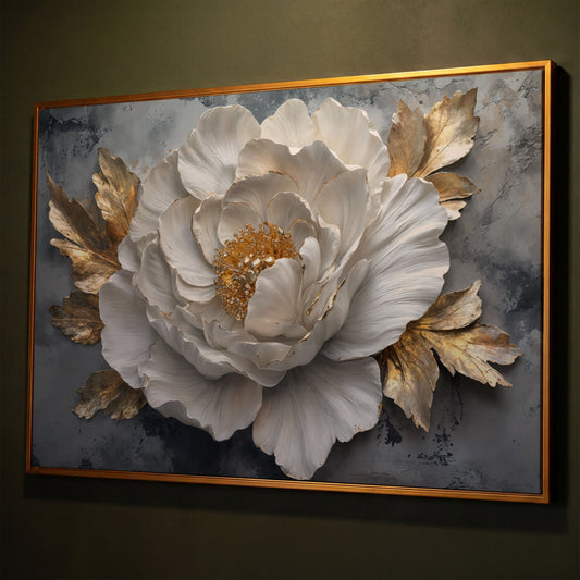 White Flower with Golden Leaves Canvas Print shown in antique gold floating frame