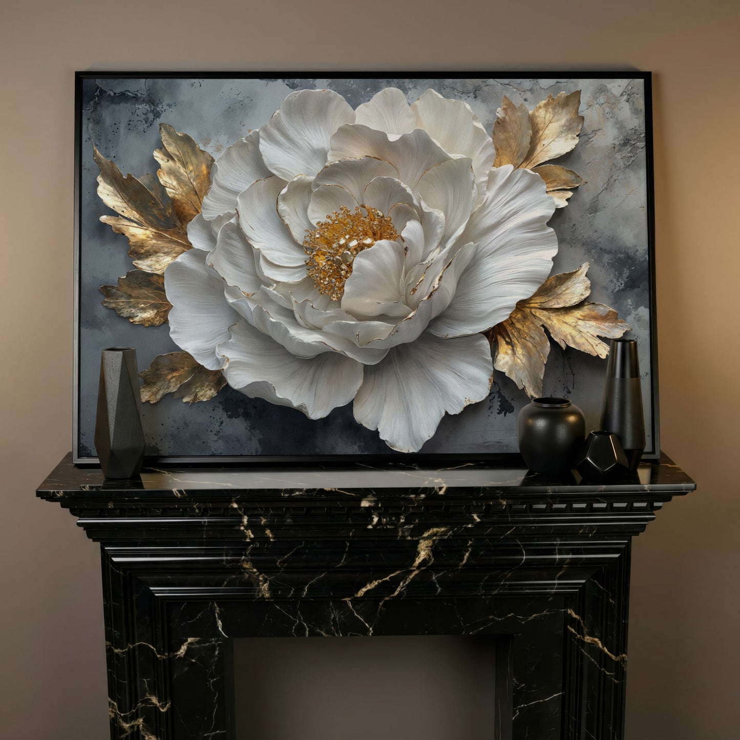 White Flower with Golden Leaves Canvas Print in black floating frame