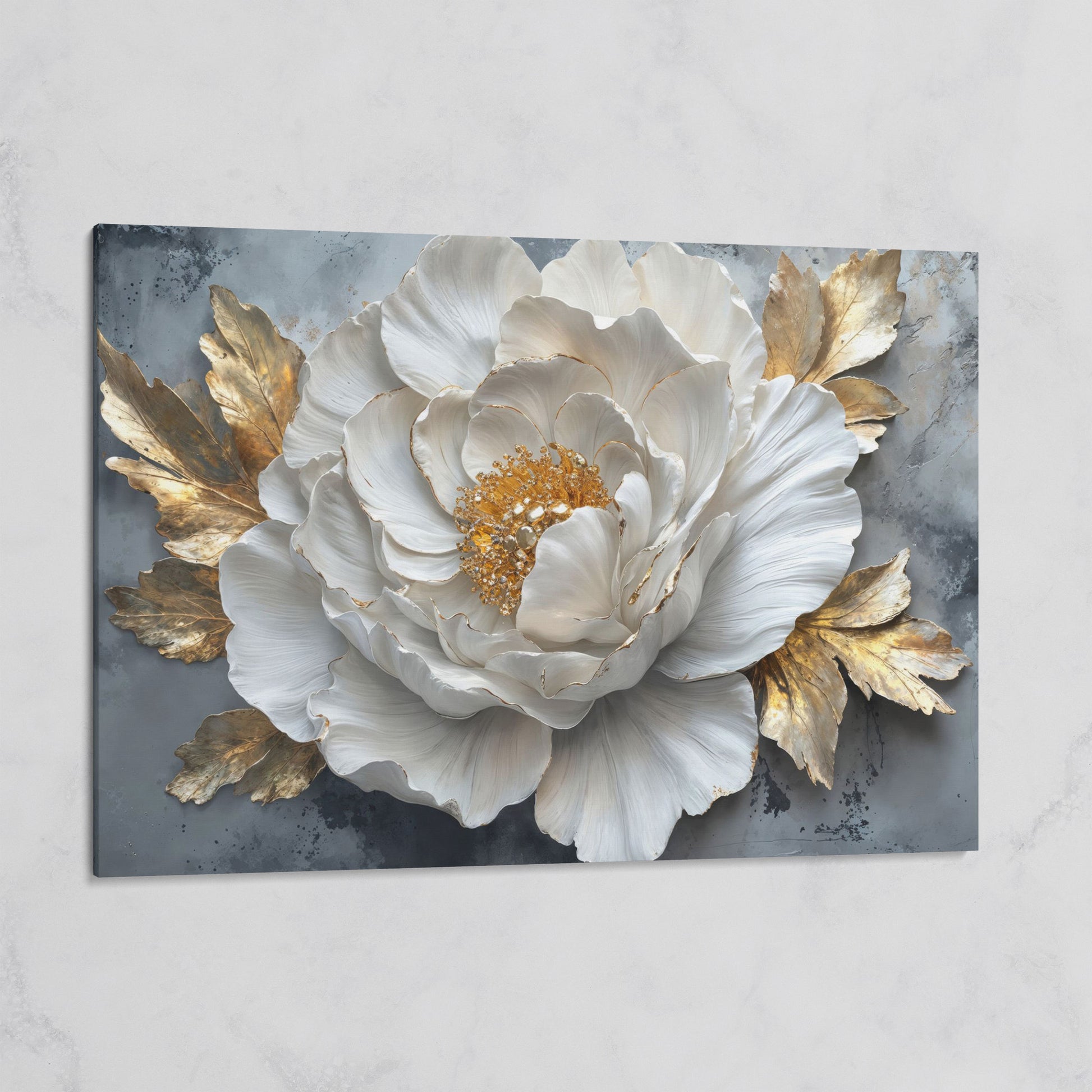White Flower with Golden Leaves Canvas Print on gallery wrap