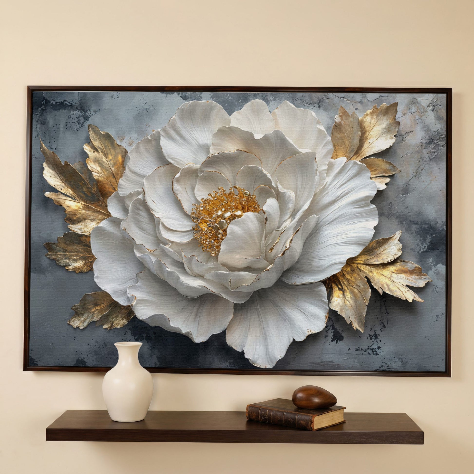 White Flower with Golden Leaves Canvas Print in dark walnut floating frame