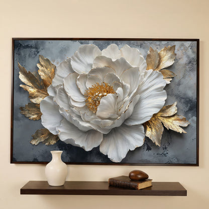 White Flower with Golden Leaves Canvas Print in dark walnut floating frame
