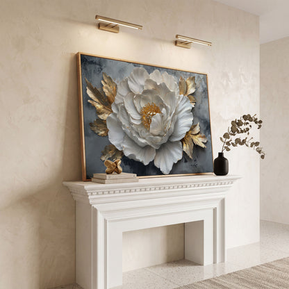 White Flower with Golden Leaves Canvas Print in white oak floating frame