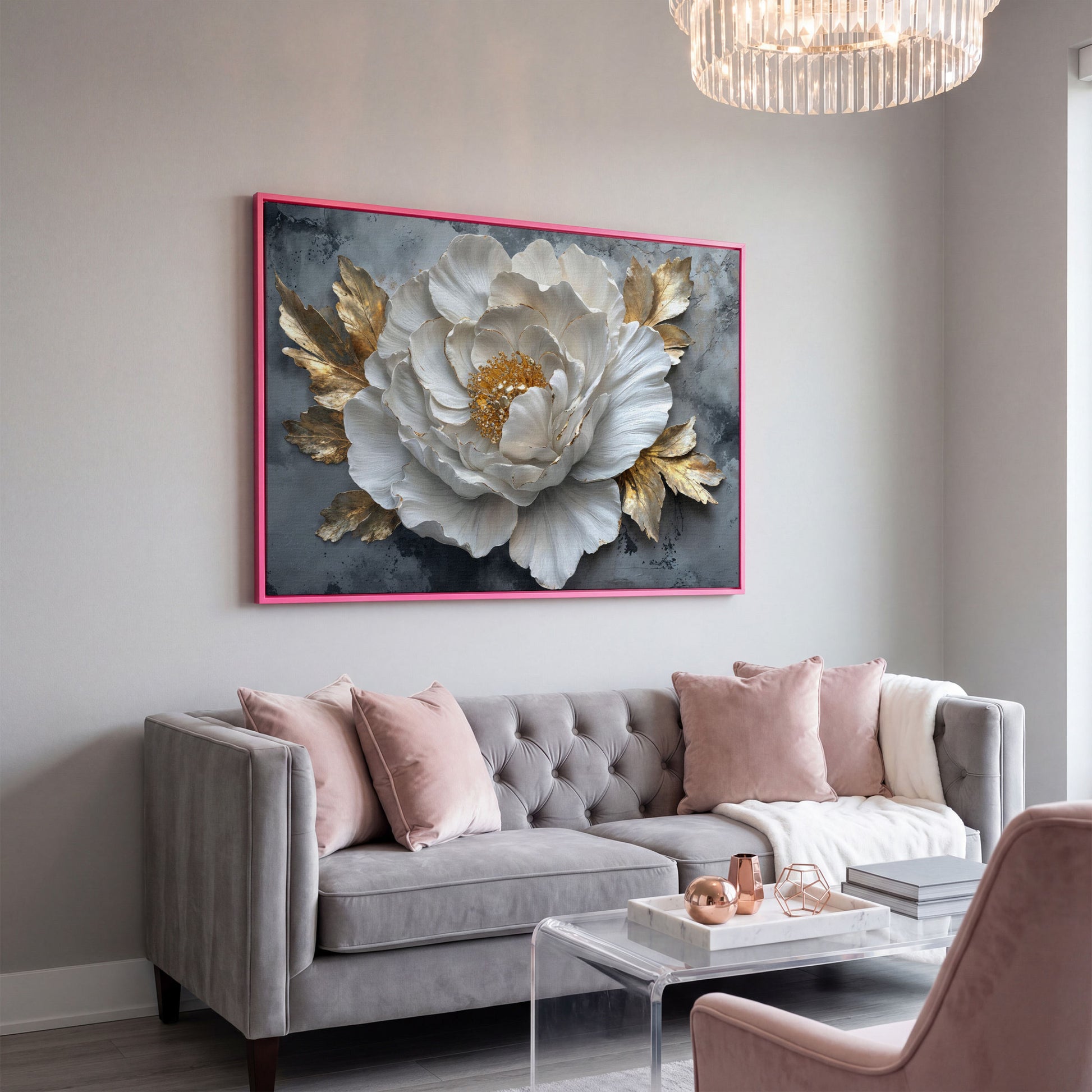 White Flower with Golden Leaves Canvas Print in pink floating frame