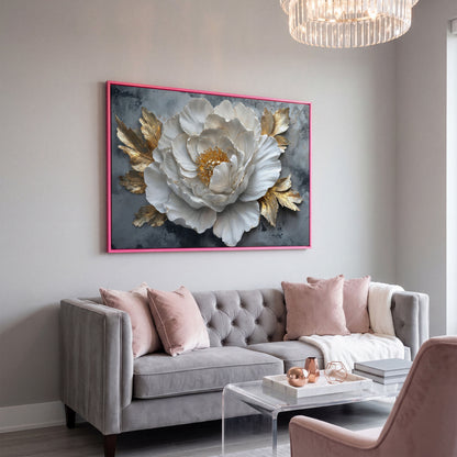 White Flower with Golden Leaves Canvas Print in pink floating frame