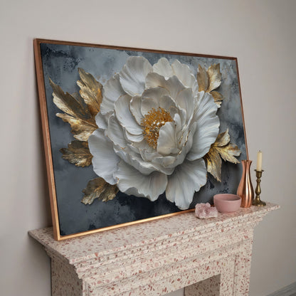 White Flower with Golden Leaves Canvas Print in rose gold floating frame