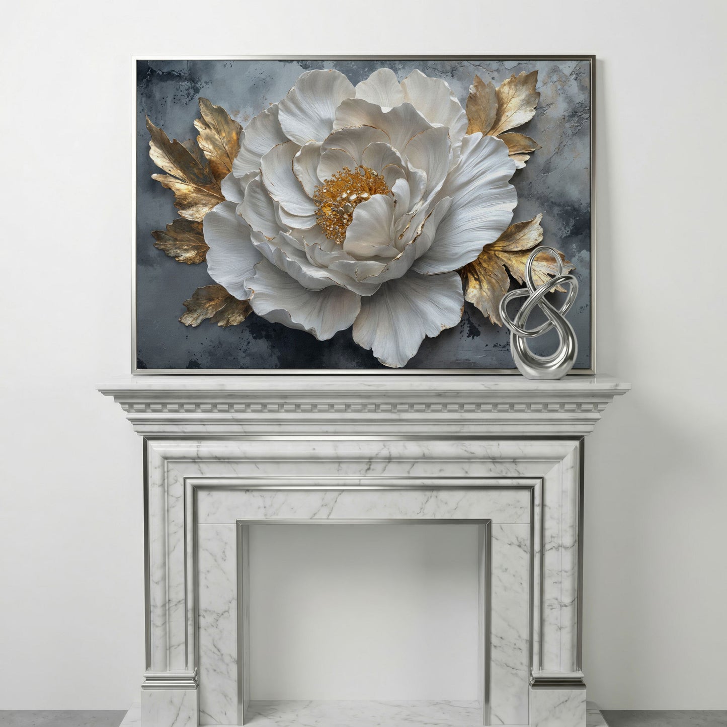 White Flower with Golden Leaves Canvas Print in silver floating frame